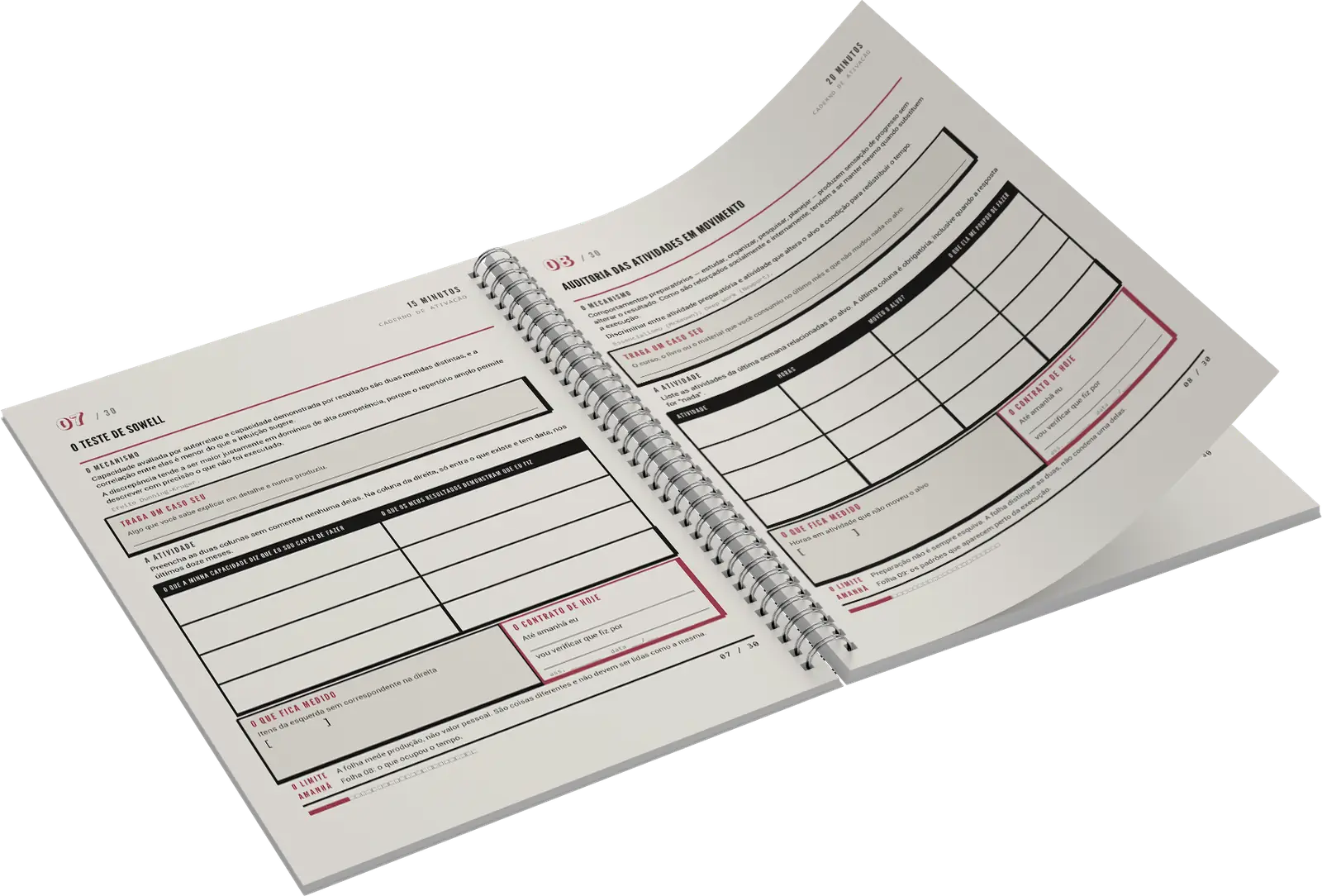 O caderno aberto, mostrando as folhas 07 e 03 preenchíveis à mão