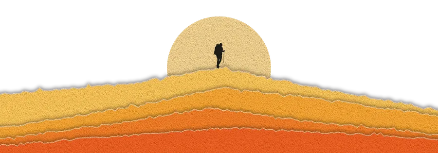 O cume da montanha, com uma pessoa de pé diante do sol